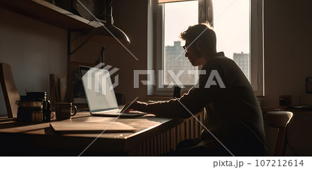 Side view of a handsome young businessman in glasses working with a computer remotely while sitting at a wooden table. Pleasant happy man communicates in a social network, searches for information on Side view of a handsome young businessman in glasses working with a computer remotely while sitting at a wooden table. Pleasant happy man communicates in a social network, searches for information on 107212614
