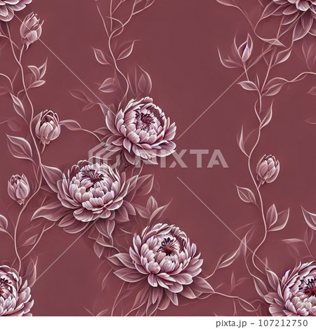 Solid color pattern of chrysanthemums on a pink background, Generative AI retro drawing, idea for packaging or wrapping gifts or flowers 107212750