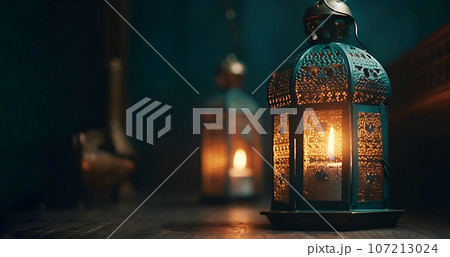 Ramadan lamps lit up against background of AI-generated illuminated decorative lighting banner for Islamic New Year 107213024