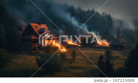 A village standing near a forest burns in a fire, environmental and human tragedy, ecology problem and earth protection, earth protection day, AI generated illustration 107213089
