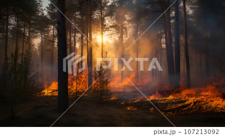 Ground fire in the forest burning coniferous forest, burning taiga in Siberia, ecology problem and earth protection, earth protection day, AI generated illustration 107213092