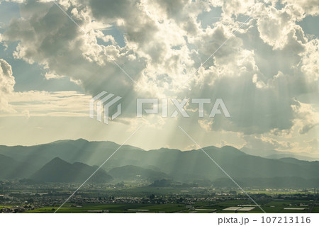 太陽に照らされて黄金色に輝く空(薄明光線) 太陽に照らされて黄金色に輝く空(薄明光線) 107213116