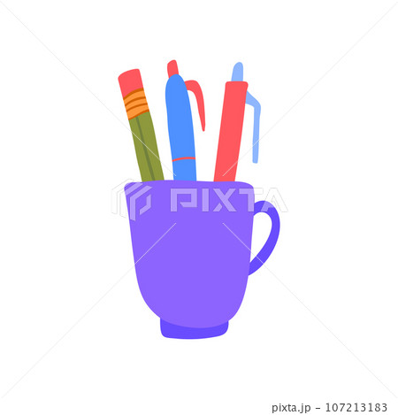 Cartoon Color Mug with Pens and Pencil Element Home Inside Interior Concept Flat Design Style. Vector illustration Cartoon Color Mug with Pens and Pencil Element Home Inside Interior Concept Flat Design Style. Vector illustration 107213183