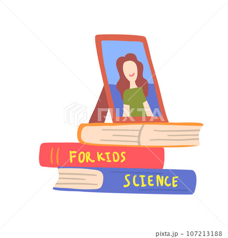 Cartoon Color Stack Different Books and Photo Frame Set Element Home Inside Interior Concept Flat Design Style. Vector illustration of Book 107213188