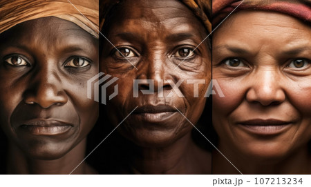 Close-up of faces of working people, diversity of cultures, labor day banner or postcard idea, Generative Ai 107213234