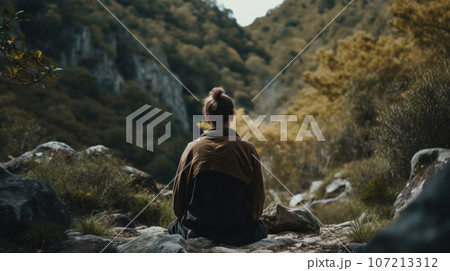 monk meditating in the forest, the relaxation process as shinrin yoku can help both adults and children relieve stress and improve health and well-being in a natural way. AI generated. 107213312