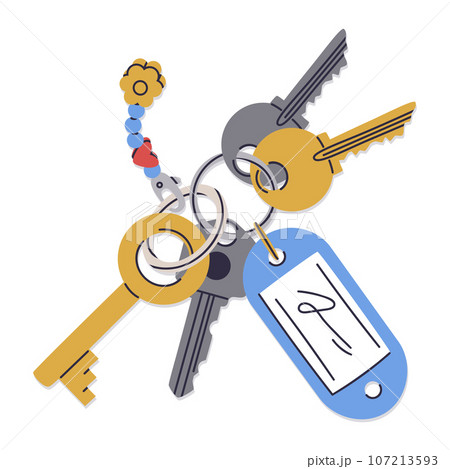 Door keys. Real estate property entrance keys, modern key bunch with plastic tag and keychain. Apartment keys flat vector illustration 107213593