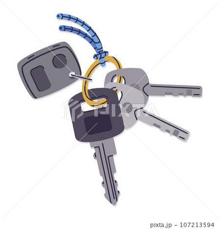 Car keys bunch. Modern apartment and car keys, door keys with keyring flat vector illustration on white background 107213594