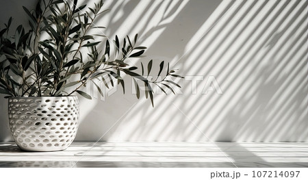 Poster or banner idea, olive branches in sunlight shadow from blinds on the wall, AI generated 107214097