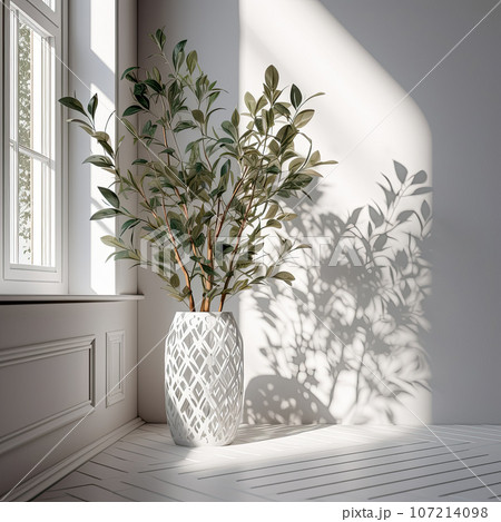 Office design idea, green tree in sunlight in an empty room, Scandinavian style. AI generated 107214098