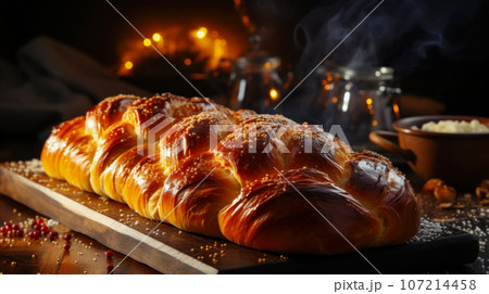 Freshly baked challah from the oven on table. Steam rises over festive bread. Close-up. AI generated 107214458