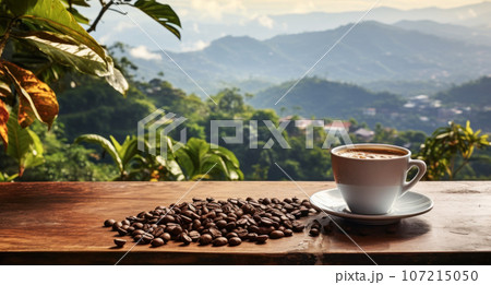 espresso and beans against background of coffee plantation, International Coffee Day. espresso and beans against background of coffee plantation, International Coffee Day. 107215050