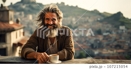 Smiling adult bearded man enjoying a morning cup of coffee in an old city cafe. Smiling adult bearded man enjoying a morning cup of coffee in an old city cafe. 107215054