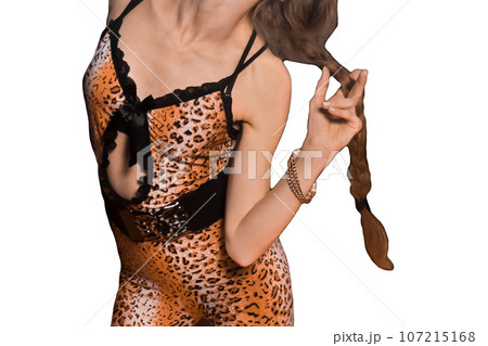 Sexy young skinny girl posing with hand holding long braid, hair in hand, in leopard pattern, abstract costume on white isolated background 107215168