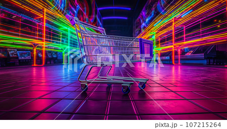 Shopping cart illustration in neon light, background for cyber Monday and black Friday. Shopping cart illustration in neon light, background for cyber Monday and black Friday. 107215264