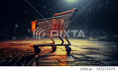 Abandoned shopping bag in supermarket parking lot, background for cyber Monday and black Friday. Abandoned shopping bag in supermarket parking lot, background for cyber Monday and black Friday. 107215270