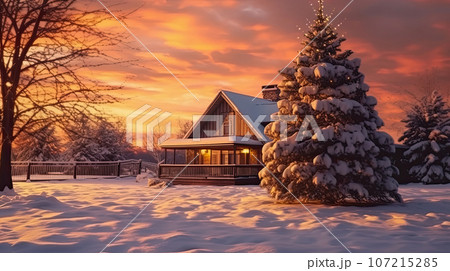 Village house in a snowy northern forest with a Christmas tree in yard, postcard idea. Village house in a snowy northern forest with a Christmas tree in yard, postcard idea. 107215285