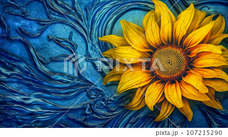 Rosette with sunflower on blue background in art nouveau style, idea for decor. 107215290