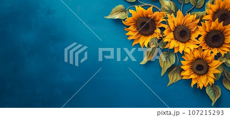 web banner or border with sunflowers in art nouveau style on a blue background, space. 107215293