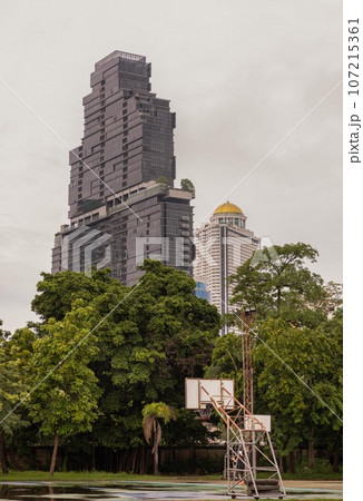 Basketball wooden backboard with the hoop metal ring and the white net are against the modern building in the city park. Basketball wooden backboard with the hoop metal ring and the white net are against the modern building in the city park. 107215361