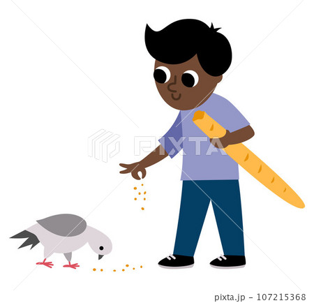 Dark skinned boy feeding pigeon. Cute character icon isolated on white background. Funny kid with baguette vector illustration Dark skinned boy feeding pigeon. Cute character icon isolated on white background. Funny kid with baguette vector illustration 107215368
