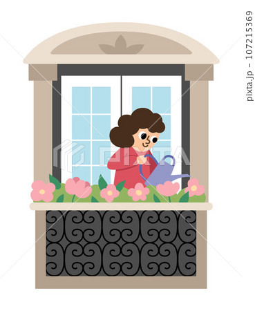Girl watering flowers on French balcony. Vector illustration of woman. Cute character icon isolated on white background 107215369
