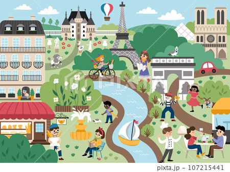 Vector Paris landscape illustration. French capital city scene with people, animals, sights, buildings, Eiffel tower, bakery. Cute France background with river, field, park, castle, palace 107215441