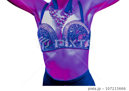 Female sexy body with decorative bust with stones, jewelry and neck jewelry, light erotica, nightlife, club, neon blue light on white isolated background Female sexy body with decorative bust with stones, jewelry and neck jewelry, light erotica, nightlife, club, neon blue light on white isolated background 107215666