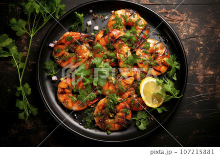 grilled shrimp with chopped parsley on black plate grilled shrimp with chopped parsley on black plate 107215881