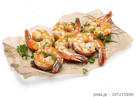 grilled shrimp with chopped parsley isolated on white background 107215886