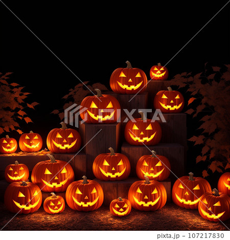 Halloween realistic Pumpkin background with spooky pumpkin jack o lantern in a dark moody forest 107217830
