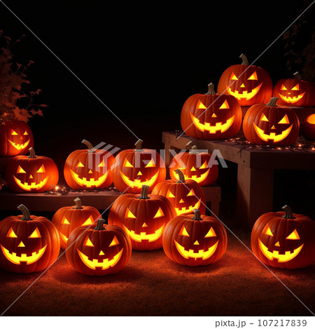 Halloween realistic Pumpkin background with spooky pumpkin jack o lantern in a dark moody forest 107217839