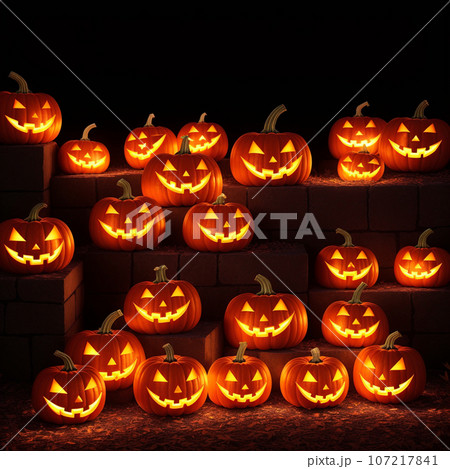 Halloween realistic Pumpkin background with spooky pumpkin jack o lantern in a dark moody forest Halloween realistic Pumpkin background with spooky pumpkin jack o lantern in a dark moody forest 107217841
