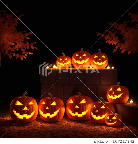 Halloween realistic Pumpkin background with spooky pumpkin jack o lantern in a dark moody forest Halloween realistic Pumpkin background with spooky pumpkin jack o lantern in a dark moody forest 107217842