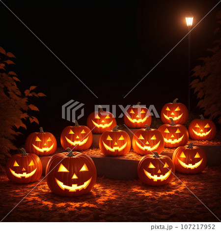 Halloween realistic Pumpkin background with spooky pumpkin jack o lantern in a dark moody forest 107217952