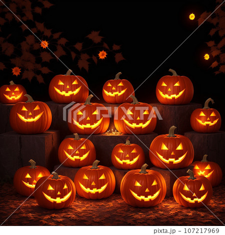 Halloween realistic Pumpkin background with spooky pumpkin jack o lantern in a dark moody forest Halloween realistic Pumpkin background with spooky pumpkin jack o lantern in a dark moody forest 107217969