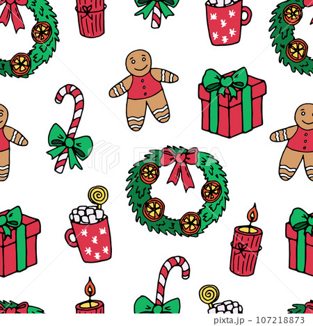 pattern gifts, wreath, sugar cane, hot chocolate, gingerbread pattern gifts, wreath, sugar cane, hot chocolate, gingerbread 107218873