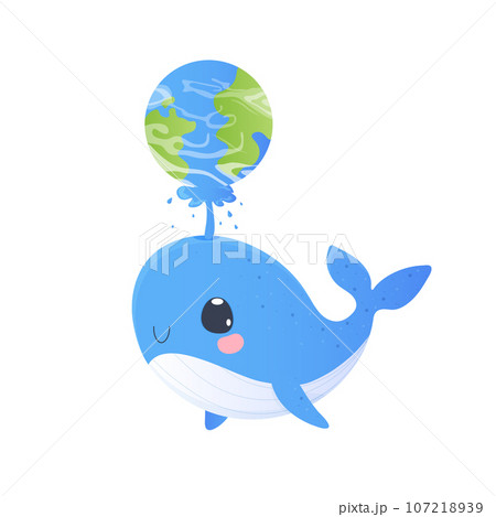 cute whale holding the earth with a fountain. Postcard, whale holding the earth. 107218939