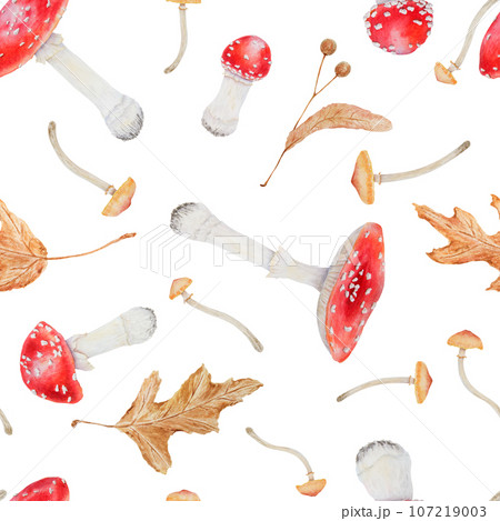 Watercolor seamless pattern of red fly agaric, galerina marginata and leaves. Poisonous mushrooms, dry leaves. Hand drawn botanical realistic illustration for packing gifts, paper, background, textile Watercolor seamless pattern of red fly agaric, galerina marginata and leaves. Poisonous mushrooms, dry leaves. Hand drawn botanical realistic illustration for packing gifts, paper, background, textile 107219003
