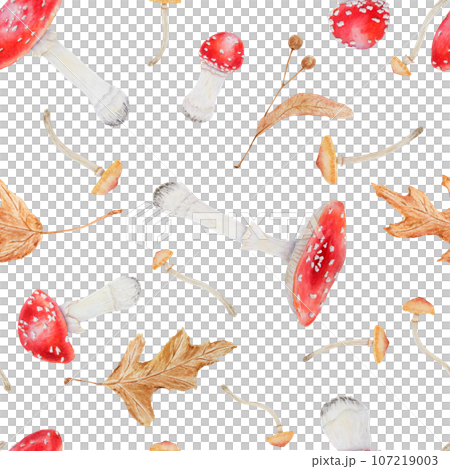 Watercolor seamless pattern of red fly agaric, galerina marginata and leaves. Poisonous mushrooms, dry leaves. Hand drawn botanical realistic illustration for packing gifts, paper, background, textile Watercolor seamless pattern of red fly agaric, galerina marginata and leaves. Poisonous mushrooms, dry leaves. Hand drawn botanical realistic illustration for packing gifts, paper, background, textile 107219003