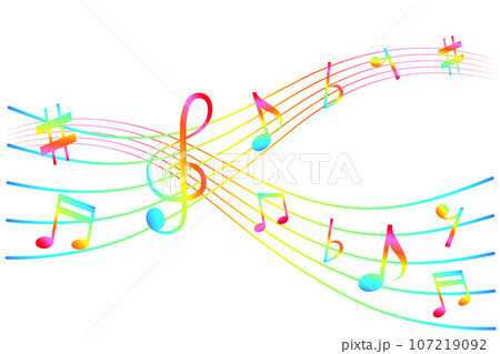 流れるような爽やかな楽譜のイラスト。五線譜、音符の背景。 107219092