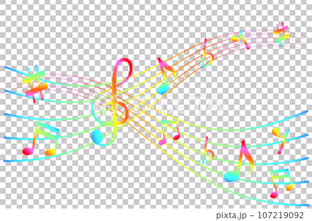 流れるような爽やかな楽譜のイラスト。五線譜、音符の背景。 107219092