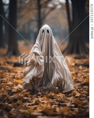 Creepy ghost walking in the autumn forest or park among yellow leaves, AI 107219379