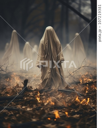Creepy ghost pyrotechnician walking in the autumn forest among burning leaves, AI 107219381