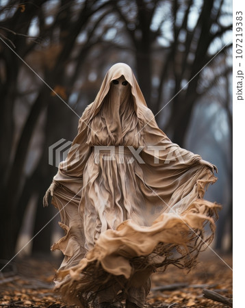Creepy ghost woman walking in the autumn forest or park among yellow leaves, AI 107219383