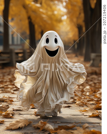 Happy cartoon ghost walking in the autumn forest or park among yellow leaves, AI 107219406