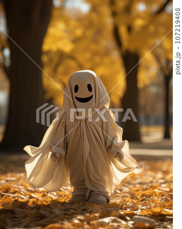 Happy cartoon ghost walking in the autumn forest or park among yellow leaves, AI Happy cartoon ghost walking in the autumn forest or park among yellow leaves, AI 107219408
