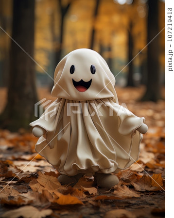 Happy cartoon ghost walking in the autumn forest or park among yellow leaves, AI Happy cartoon ghost walking in the autumn forest or park among yellow leaves, AI 107219418