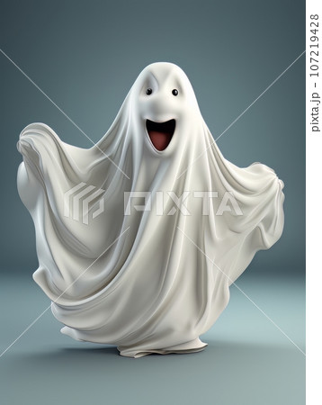 Happy cartoon ghost dancing on blue background isolated, AI 107219428