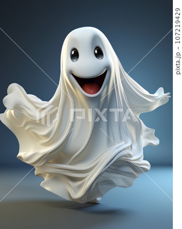 Happy cartoon ghost dancing on blue background isolated, AI 107219429